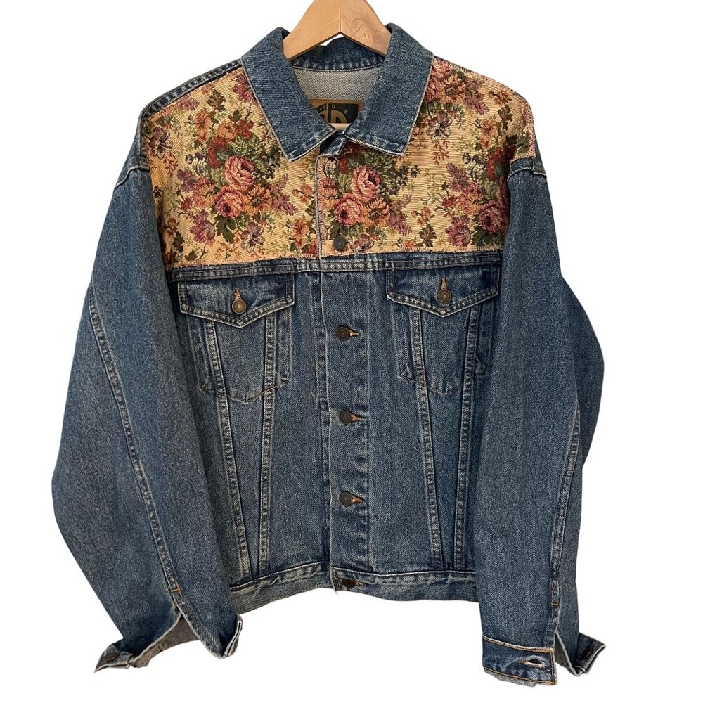 Vintage Floral Tapestry Denim Women Jacket Size L Cottagecore Western Grunge 90s